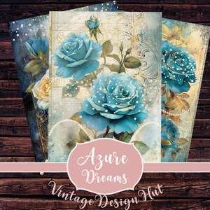 Carte ATC con rose retrò blu, carte digitali, scrapbooking, diario di scarto stampabile, download digitale, effimeri shabby vittoriani, perle floreali