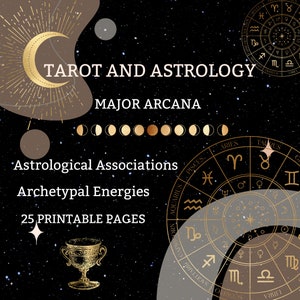 May include: A black background with gold text that reads "Tarot and Astrology Major Arcana".  The image also includes a gold crescent moon, a gold chalice, and a gold zodiac wheel.