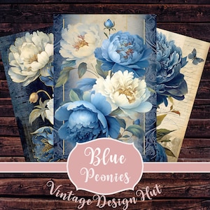 Blue Peonies ATC Cards Carte digitali, Scrapbooking Stampabile Junk Journal Download digitale Victorian Shabby Peony Card Ephemera 9 file