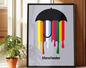 Manchester Art Print: Dripping Rainbow Umbrella Souvenir