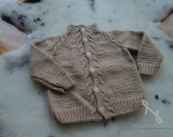 Beige hand-knitted baby cotton sweater, 6-9 months size unisex cardigan, button-down sweater