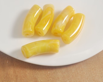Yellow Marbled Acrylic Tube Beads,Bamboo beads，6Pcs/30Pcs Curved Tube Beads ,beads for Bangle Bracelet Making,35x12mm
