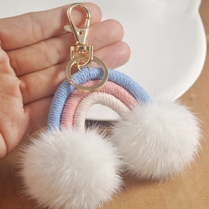 High quality,Big white Mink Fur Rainbow Keychain,Keyring,Bag Accessories,Gift,Handmade,1 Pcs/ 2 Pcs/5 Pcs/10 Pcs