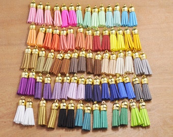 38mm(1.5") Faux Leather Tassels,20pcs 37 Color mini tassel craft,Gold cap suede tassels charm pendant,fringe tassels, jewelry tassels.