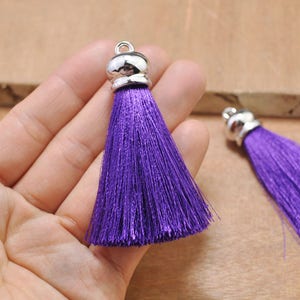 10Pcs 2.75"(70mm) Purple silk tassels pendant with silver cap,High Quality Extra Thick tassels,tassel necklace,Tassel Keychains