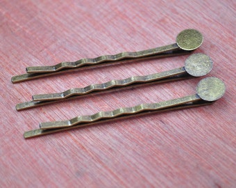Bronce antiguo Bobby Pin Blanks, 100pcs pinzas de pelo de metal de bronce antiguo con almohadilla redonda de 8 mm, joyería de bricolaje de 55 mm.