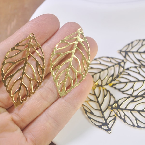 Leaf Pendant Charm,30 pcs gold tone stamp leaf 46mm x 26mm, Bulk gold leaves charm