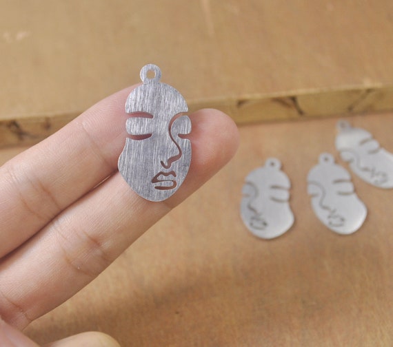 5pcs Silver Face Charms Face Shaped Pendant Face Findings Aluminium Face Charms For Jewellery Making Jewelry Supplies Human Face 34x18mm