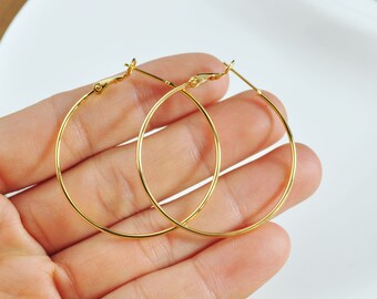 2pcs 40mm 18K Gold Hoop Earring Blanks,Real Gold Plated Brass Earring,Hypoallergenic Round Circle Hoop Earrings DIY Jewelry Making Ear Hooks