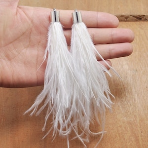 2pcs White Ostrich Feather Tassel Pendant,Silver Metal Cap Feather Earrings Pendants,Tassels Pendants for jewelry making,Artificial feather