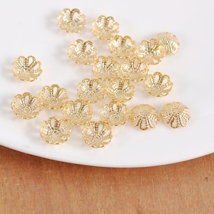8mm Real Gold Plated Bead Cap-50-500pcs 18K Gold Filigree Bead Caps Ribbed,18K Gold Flower Bead Caps For Jewelry Making Supplies