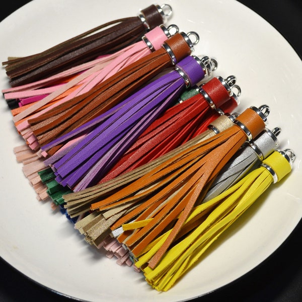 3.93" Large Tassels,1/3/5Pcs PU Leather Tassels,Tassel Pendants,Silver Cap Handmade Leather Thread Tassel,Tassel for handbag，Keychain tassel