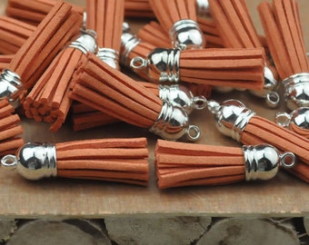 Fringe Tassel Pendant--20pcs of sandybrown Colors Imitation Leather Tassel with Silver Caps Bag Charms Pendant 38x10mm