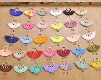 10PCS Small Fan Tassels,32 Color, Tassel earring pendant, Cotton tassels in gold color round brass loop / ring -- 20mm