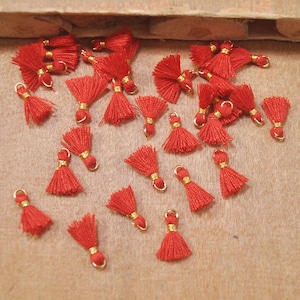 Peut inclure: Une collection de breloques en forme de pompons rouges avec des accents dorés. Les pompons sont petits et ont une frange délicate. Ils sont parfaits pour ajouter une touche de couleur et de texture aux bijoux, aux objets artisanaux et à d'autres projets.