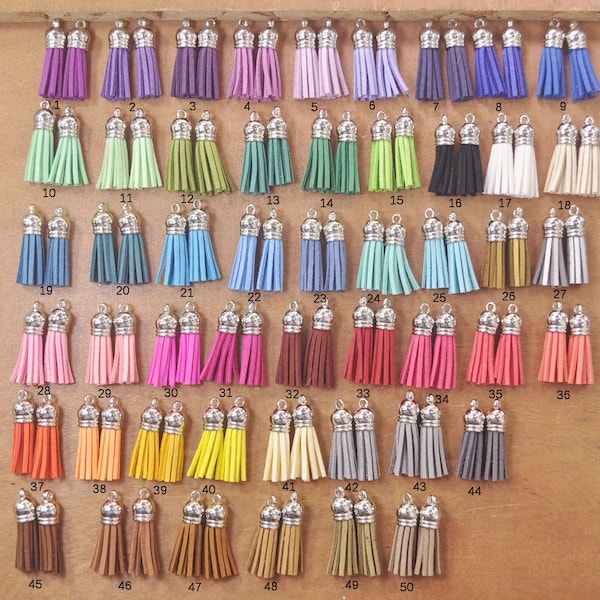 100 Faux Suede Leather Tassels,Assorted Color Tassels With Silver Cap,1.5" Mini leahter tassels,for Keychains,Bracelet Tassel,50 Colors