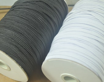 10 yardas de elástico para mascarillas, blanco y negro, 5 mm de ancho (1/4"), elástico plano, para confección de mascarillas y prendas de vestir.
