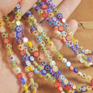 1 strads 6mm Millefiori Glass Colorful Flower Pattern Handmade Flat Round Rondelle Charm Lampwrok Loose Spacer Beads,65 Beads per strand