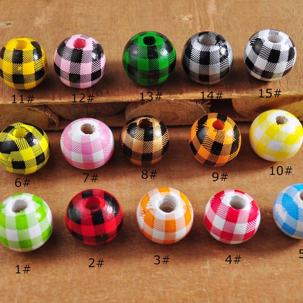 30Pcs 16mm Natural wooden beads,Buffalo Plaid Wooden Bead,Colored Round Wood Plaid Bead,DIY keychain/Necklaces/Bracelet/Earring Jewelry