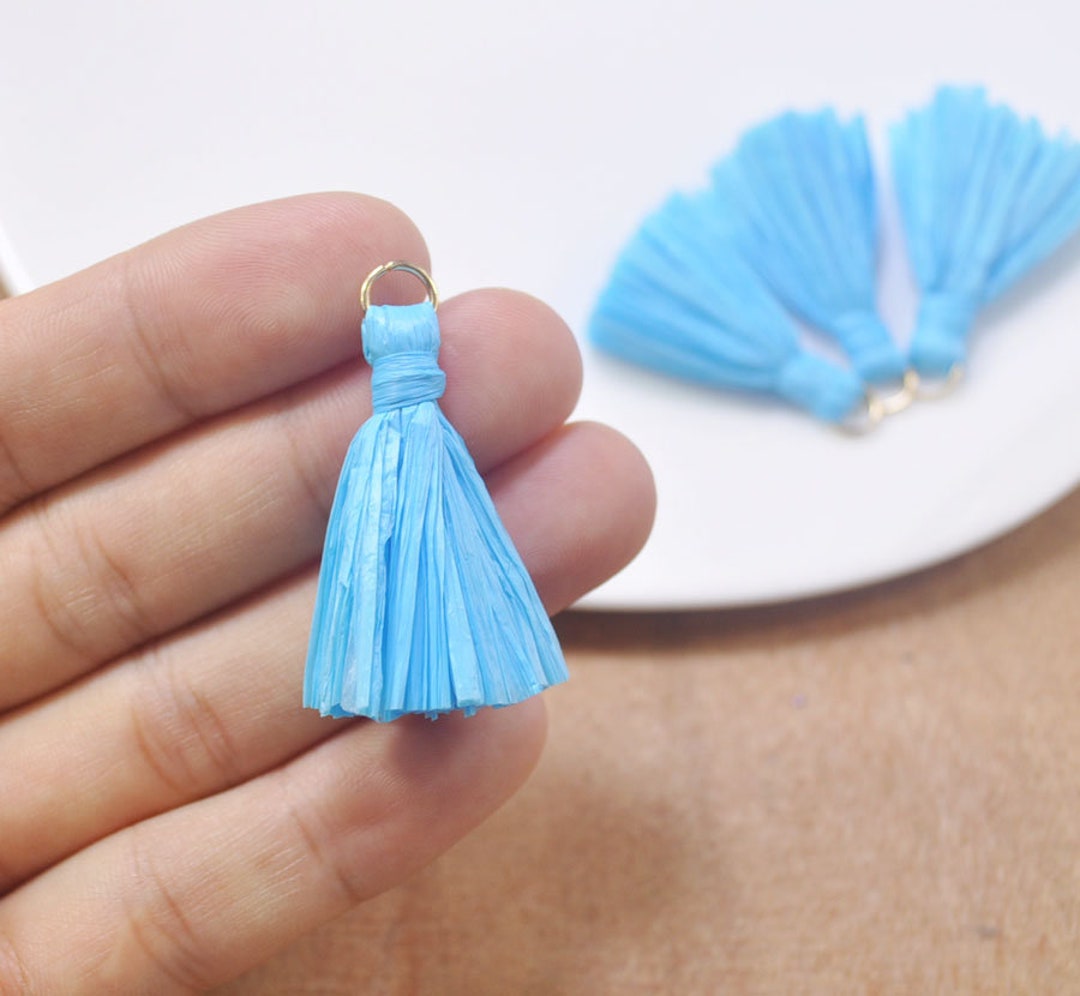 10pcs Tassel Pendant, Sky Blue Raffia Tassel With Gold Ring, Tassels