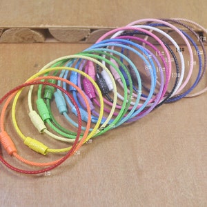 May include: A set of 18 colorful metal cable keychains, each with a different color and number. The keychains are arranged in a rainbow pattern, with the red keychain at the bottom and the purple keychain at the top.
