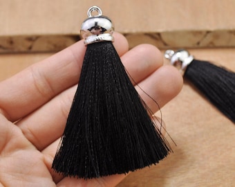 10 Stück 2,75 "(70 mm) schwarze Seide Quasten Anhänger mit Silberkappe, hochwertige extra dicke Quasten, Quastenkette, Quasten Schlüsselanhänger