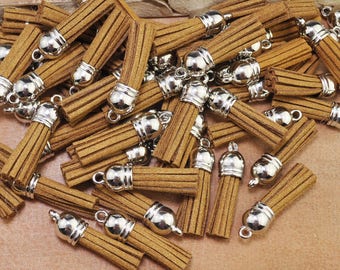 38mm(1.5") Faux Leather Tassels,50pcs Brown mini tassel craft,silver cap suede tassels charm pendant,fringe tassels,jewelry tassels--F2EL55