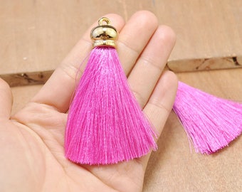 10Pcs 2.75" Hot pink color silk tassels with gold caps,Mini Tassel.High Quality Extra Thick tassels,tassel earring/necklace/bag/Keychains