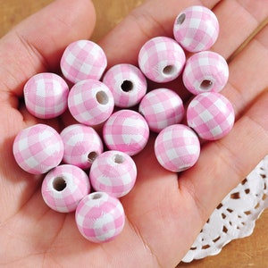 20Pcs 16mm Natural wooden beads,White&Pink Buffalo Plaid Wooden Bead,Round Wood Plaid Bead,DIY keychain/Necklaces/Bracelet/Earring Jewelry