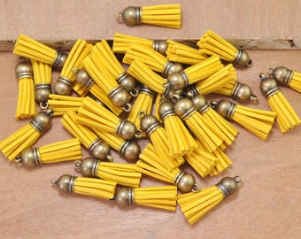 Tassel,20PC Golden yellow Tassel Fiber Tassel Fringe Tassel with Antique Bronze Plated Caps Charms pendant,Suede,Leather Tassel,38mmx10mm.