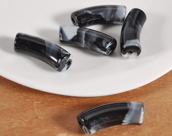 Black&Gray Marbled Acrylic Tube Beads,Bamboo beads，6Pcs/30Pcs Curved Tube Beads ,beads for Bangle Bracelet Making,35x12mm