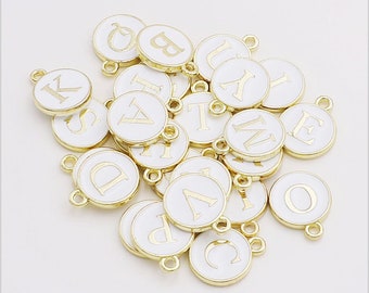 10 Pick your letter,White color-26 Alphabet Letters round tag charm Enamel Initial Charms,gold tone,Letter Charms,Alphabet Charms,two sided