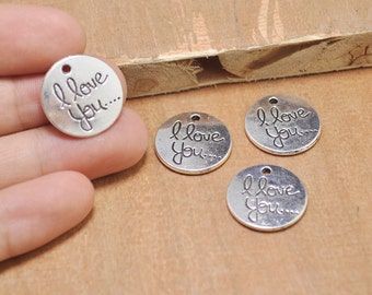 Conjunto de 30 pingentes de prata antiga de 20 mm com a inscrição "Eu te amo" (dupla face) / Pingente com palavra / Pingente com mensagem / Pingente esculpido / Pingente em formato de disco