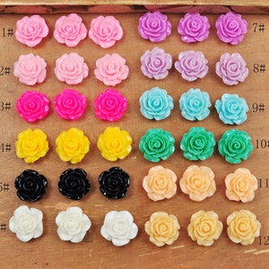 May include: Twelve rows of colourful resin rose cabochons, each row with two roses. The roses are in various colours, including pink, yellow, black, white, blue, green, and orange.