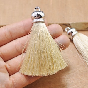 10Pcs 2.75&quot;(70mm) Beige silk tassels pendant with silver cap,High Quality Extra Thick tassels,tassel necklace,Tassel Keychains