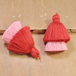 2st lagen franjes, grote tweelaags kwast, Red & diep roze katoen Tassel, dikke handgemaakte katoenen kwast voor oorbel/ketting maken--FF8 #