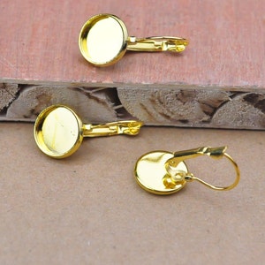Earring blanks 100pcs (50 pairs) gold ear hook with 12mm round Pad,cabochon tray,Gold Cabochon Earring Setting .