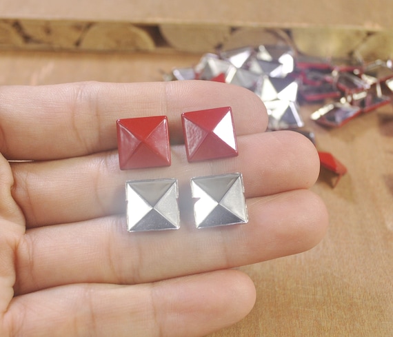 Metal Studs,50/100 Red Square Metal Pyramid Studs for Clothing Shoes Bags  Purses Leathercraft Decoration,DIY 12x12mm