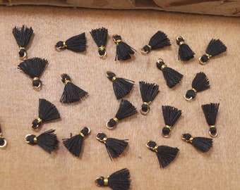 Black,20Pcs 10mm Mini Cotton Tassel,Teeny Tiny Tassel with gold jumpring,Handmade Earring Tassels,Short Tassels,thread tassel,FF14#