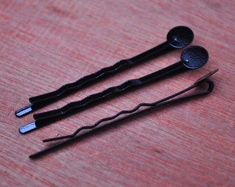 Black Bobby Pin Blanks,100pcs Black stone metal hair clips with 8mm Round Pad,DIY Jewelry Making 55mm.
