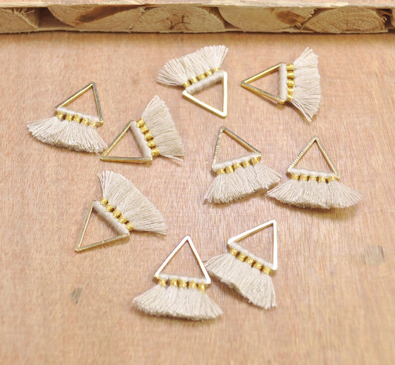 Cotton tassels in gold color triangle brass charm 20mm--FF3-51# 1 Pair Small triangle Tassels\uff0cBeige Tassel earring pendant