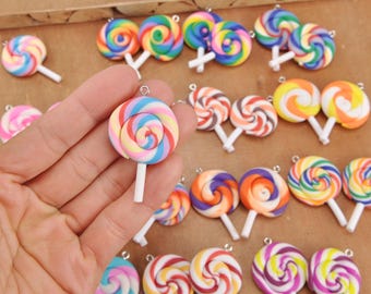 6pcs Mixed Swirl Lollipop Charms,Kawaii Polymer Clay Resin Flatback Cabochons Deco Embellishments Scrapbooking Craft DIY,supplies fake candy