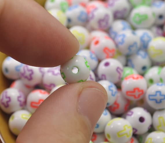 200pcs Cross Round Beads,8.5mm White Ball Beads,colorful Cross