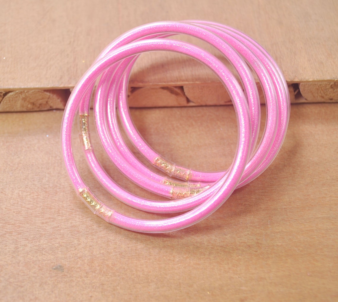 5pcs Pink Glitter Jelly Bangle Bracelet Set Plastic With Gold Etsy