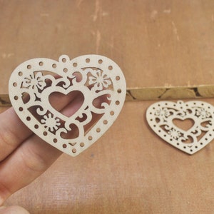 10pcs Heart wood pendants,Unfinished Natural Wooden Filigree Laser Cut Flower Pattern Wood Dangle,Wood Charm,Pendants,Wood Earrings 55x48mm