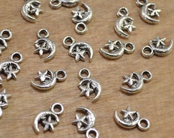 50 stuks maan met sterhanger, kleine maanster-bedel. antiekzilverkleur, 12 x 7 mm