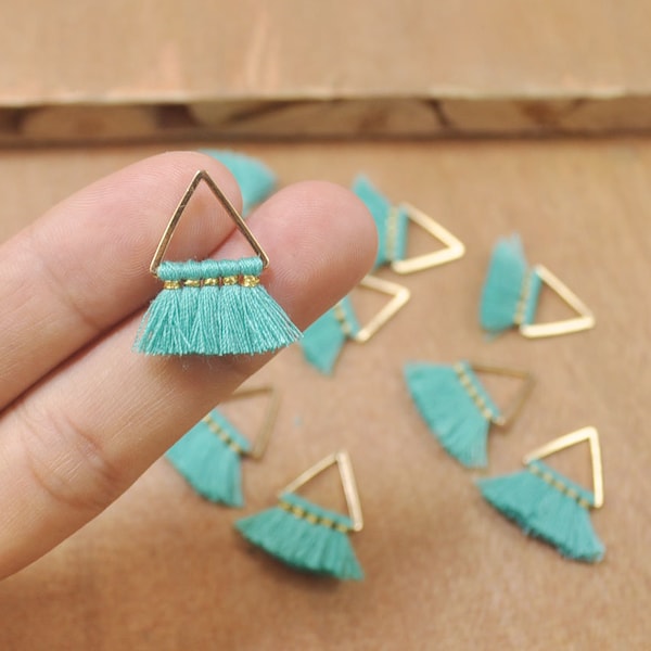 1 Pair Small triangle Tassels，Emerald Green Tassel earring pendant, Cotton tassels in gold color triangle brass charm -- 20mm--FF3-23#