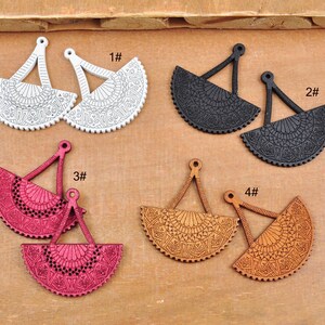 10-100 Small Fan Shape Filigree Wooden Earring Charm,White/Black/Wine Red/Brown Painted Wood Earring Pendant,Wholesale Wood Jewelrys,40x37mm