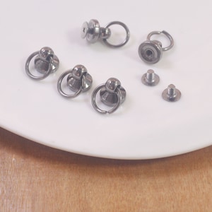 Puede incluir: Un juego de seis piezas de herrajes metálicos plateados, que incluyen cuatro mosquetones con anillas, un tornillo y un tornillo con una arandela. Los herrajes están dispuestos en un plato blanco.