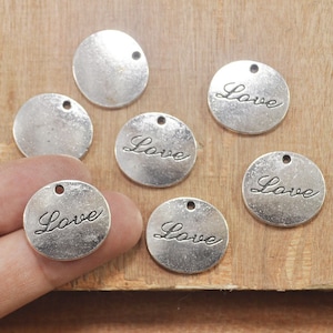 15 pcs  Love Charms, Round Love Pendant, Antique Silver,Fittings, Accessories, Jewelry Making Findings, DIY Supplies, 21x19mm